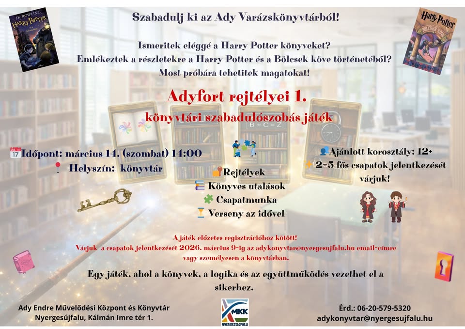 Szabadulj ki az Ady Varázskönyvtárából!- könyvtári szabadulószobás játék
